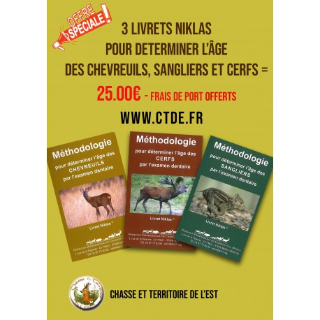 OFFRE SPECIALE - 3 LIVRETS NIKLAS DETERMINATION DE L AGE : CHEVREUILS, SANGLIERS, CERFS A 25 € - PORT OFFERT