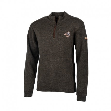PULL LAINE DE CHASSE COL ZIPPEE BRODERIE SANGLIER